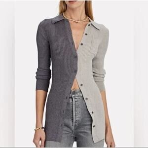STAUD Milton Fama Gray‎ Two Tone Colorblock Ribbed Knit Longline Cardigan Small